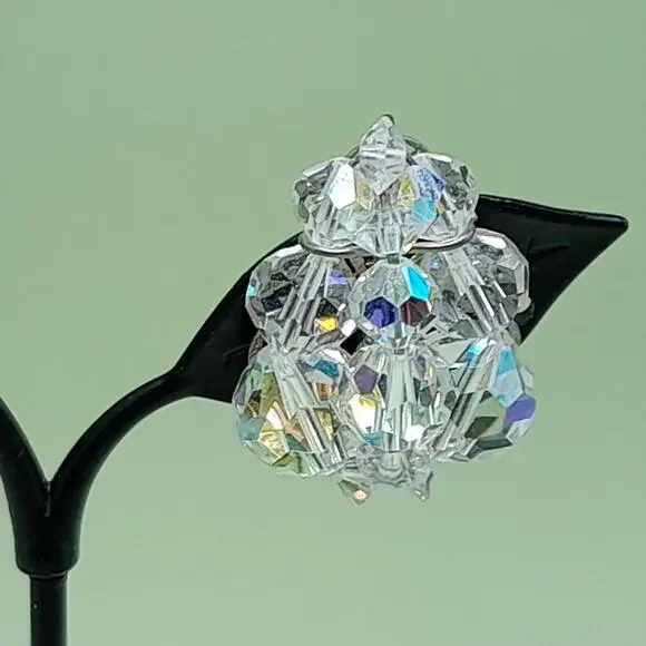 Vintage Aurora Borealis Bead Clip Earrings, 1 1/8 Inch, 1950s - Picture 4 of 10